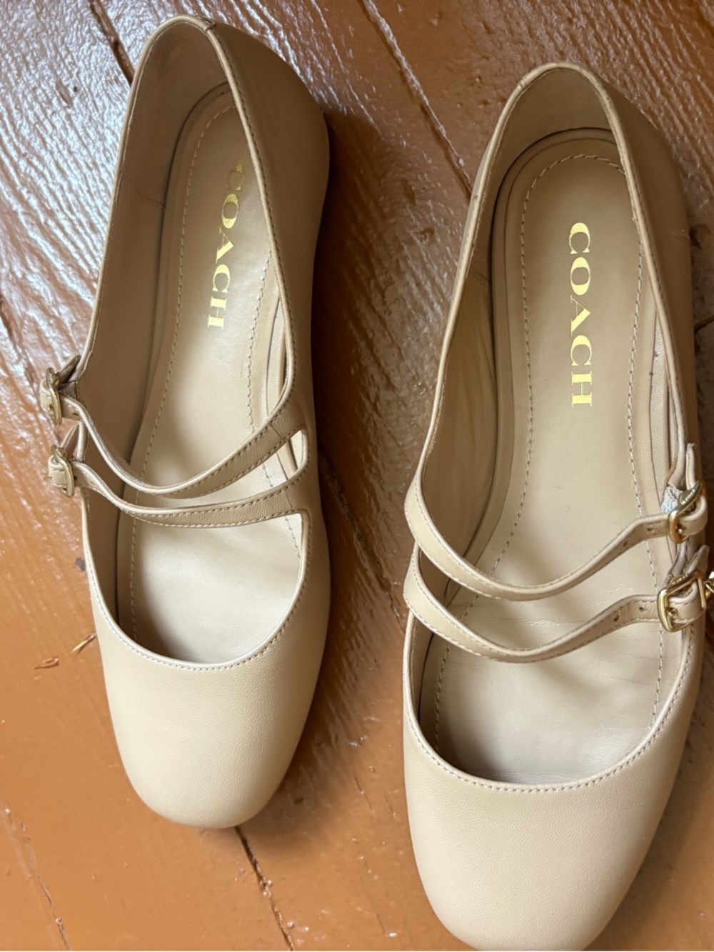 COACH Beige Double-Strap Mary Jane Flats